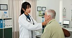 Woman, doctor and checkup with senior patient for swollen lymph nodes or visit in hospital. Female person, health worker or checking elderly client with inflammation for infection, diagnosis or exam