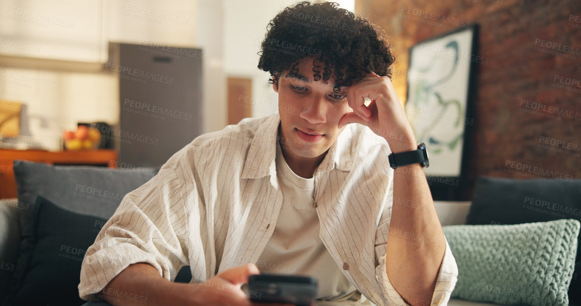 Buy stock photo Man, thinking and research with phone on sofa for online menu, option or choice in home. Thoughtful, male person or scrolling with mobile smartphone for web service, decision or app on couch in house