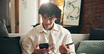 Man, phone and stress with credit card on couch in home with error, mistake or decline payment. Person, smartphone and confused with digital banking, mobile app and fintech for ecommerce at house