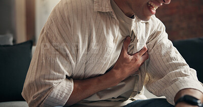 Buy stock photo Man, hands and sick in house with chest pain, heart attack symptoms or discomfort for medical emergency. Person, cardiac arrest or health issue in home with cardiovascular disease, illness or crisis.