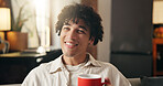 Calm, thinking or man in house with coffee, past memory or insight with morning inspiration. Reflection, flare or person in home with warm beverage, nostalgia or peaceful perspective in living room.