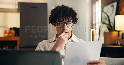 Buy stock photo Document, thinking and man in home for remote work, accounting budget or chart for audit report. Paperwork, serious person and freelancer reading in house for income taxes, data or problem solving