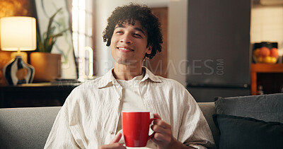 Buy stock photo Calm, thinking or man on sofa with coffee, past memory or insight with morning inspiration. Reflection, smile or person in home with warm beverage, nostalgia or peaceful perspective in living room.