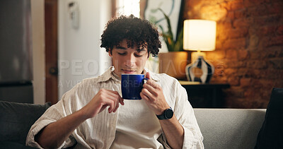 Buy stock photo Aroma, coffee and relax with man in home living room for caffeine, start of morning or weekend. Beverage, fresh and scent with person smelling drink in apartment for break, stress relief or wellness