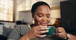 Smile, relax and smell coffee at house for peace, espresso aroma and calm morning in lounge. Happy, female person and inhale beverage for caffeine scent, enjoy fragrance and nostalgia memory on couch
