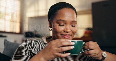 Buy stock photo Smile, relax and smell coffee at house for peace, espresso aroma and calm morning in lounge. Happy, female person and inhale beverage for caffeine scent, enjoy fragrance and nostalgia memory on couch
