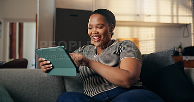 Buy stock photo Happy, woman or relax with tablet on sofa for internet browsing, social media post or weekend break. Smile, black person and tech in home for online conversation, messaging platform and app download