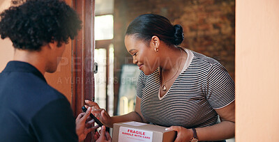 Buy stock photo Box, delivery man and woman with phone at front door for digital signature, supply chain or package. Courier service, employee and customer with tech in home for parcel distribution and confirmation