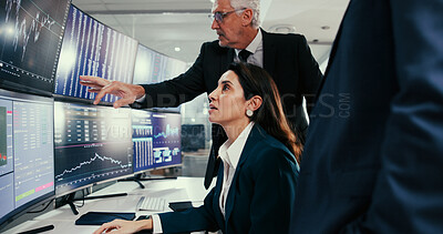 Buy stock photo Data, monitor and trading with business people in office together for stock market investment. Collaboration, finance and statistics charts with broker team in workplace for portfolio management