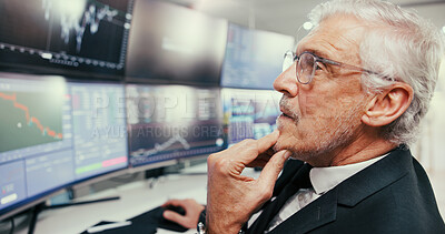 Buy stock photo Data, thinking and trading with business man in office to monitor stock market for investment. Finance, planning and statistics charts with mature broker in workplace for portfolio management