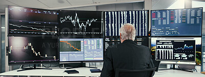 Buy stock photo Mature, businessman or broker monitoring with stock market on computer for online trading. Back view, man or investor checking graph statistics or cryptocurrency for investment on screen in workplace