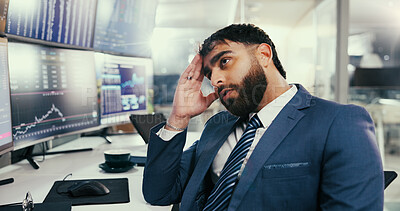 Buy stock photo Headache, stress or trader in agency with computer screen, crypto risk or technical glitch in stock market. Migraine, data error or man with tech, account loss or crash on investment platform.