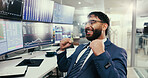 Man, trading and celebration with computer screen for graphs with fist pump, goals and stock market stats. Person, broker and pc with fintech, smile and success with profit at asset management agency