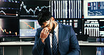 Headache, trading or man in office with computer screen, crypto risk or technical crash on investment platform. Migraine, data error or broker with tech, account loss or pressure in stock market.

