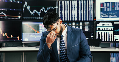 Buy stock photo Headache, trading or man in office with computer screen, crypto risk or technical crash on investment platform. Migraine, data error or broker with tech, account loss or pressure in stock market.
