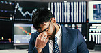 Headache, worry or trader in office with computer screen, crypto risk or technical glitch in stock market. Migraine, data error or man with tech, account loss or crash on investment platform.