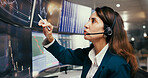 Computer screen, stock market and businesswoman in office at night for charts, graphs or trading. Headset, broker and female financial analyst with fintech, statistics and research for investment.