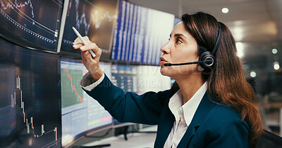 Buy stock photo Computer screen, stock market and businesswoman in office at night for charts, graphs or trading. Headset, broker and female financial analyst with fintech, statistics and research for investment.