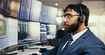 Computer screen, trading and businessman in office at night for charts, graphs or stock market. Headset, broker and male financial analyst with fintech, statistics and research for investment.