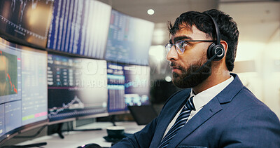 Buy stock photo Computer screen, trading and businessman in office at night for charts, graphs or stock market. Headset, broker and male financial analyst with fintech, statistics and research for investment.