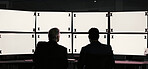 Surveillance, back or people in office with computer screen, security monitor or footage with tracking markers. CCTV, mockup or risk team with tech, blank display or system review in control room.