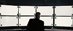 Surveillance, back or person in office with computer screen, security monitor or footage with tracking markers. CCTV, mockup or risk analyst with tech, blank display or system review in control room.