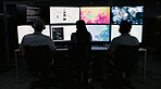 Computer screen, weather and back of people in control room for storm, research and monitor. Meteorology tracking, sounding rocket and climate change surveillance with employee in office for data
