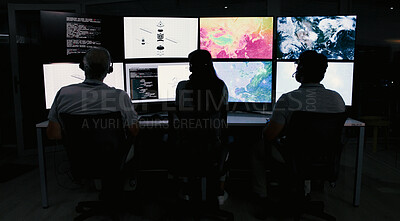 Buy stock photo Computer screen, weather and back of people in control room for storm, research and monitor. Meteorology tracking, sounding rocket and climate change surveillance with employee in office for data