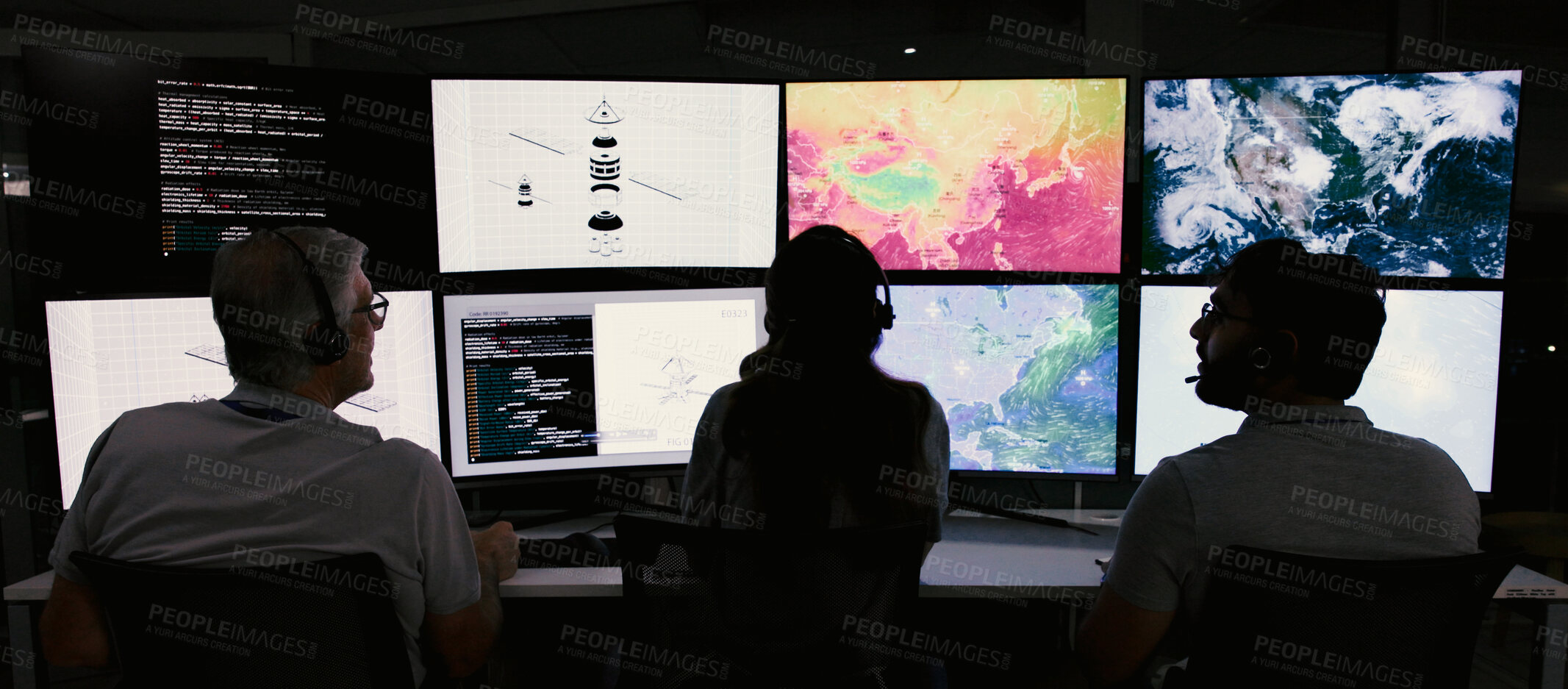 Buy stock photo Computer screen, maps and back of people in control room for storm, research and monitor. Weather tracking, sounding rocket and climate change surveillance with employee in office for metrology data