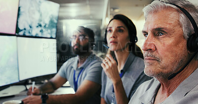 Buy stock photo Computer screen, meteorology and research and man in control room for storm, reading and monitor. Weather tracking, sounding rocket and climate change surveillance with employees for satellite data