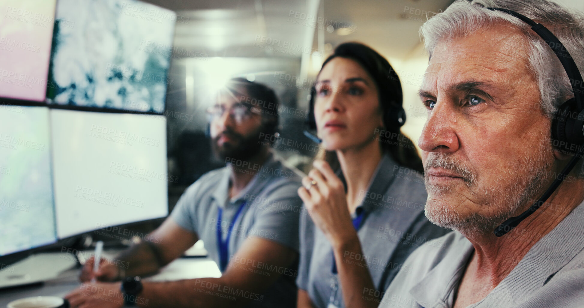 Buy stock photo Computer screen, meteorology and research and man in control room for storm, reading and monitor. Weather tracking, sounding rocket and climate change surveillance with employees for satellite data