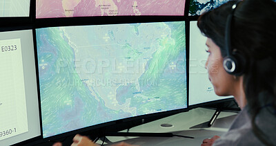 Buy stock photo Weather, headset and woman in office with computer screen, forecast and analysis of satellite data. Review, future projection and scientist with tech, institute research and monitor in climate cycle.