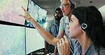 Computer screen, meteorology and team with people in control room for storm, research and monitor. Weather tracking, sounding rocket and climate change surveillance with employee in office for data