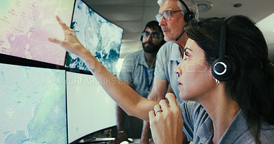 Buy stock photo Computer screen, meteorology and team with people in control room for storm, research and monitor. Weather tracking, sounding rocket and climate change surveillance with employee in office for data