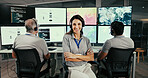 Control room, geospatial analyst and woman with arms crossed, confident and tracking global warming. Happy, portrait and mature person with headset for report, map and satellite for weather forecast