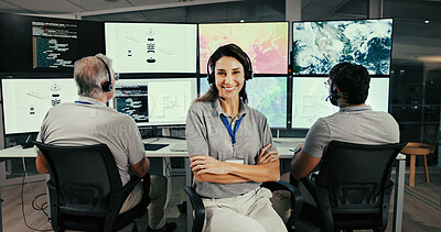 Buy stock photo Control room, geospatial analyst and woman with arms crossed, confident and tracking global warming. Happy, portrait and mature person with headset for report, map and satellite for weather forecast