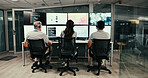 Computer screen, team and back people in control room for storm, night and monitor. Weather tracking, sounding rocket and climate change surveillance with employee for meteorology data and overtime