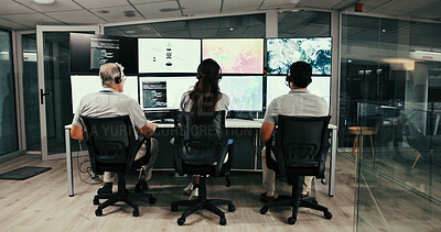 Buy stock photo Computer screen, team and back people in control room for storm, night and monitor. Weather tracking, sounding rocket and climate change surveillance with employee for meteorology data and overtime