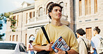 Learning, opportunity and thinking with student outdoor on campus for college or university. Education, future and vision with happy man at school for development, inspiration or study ideas
