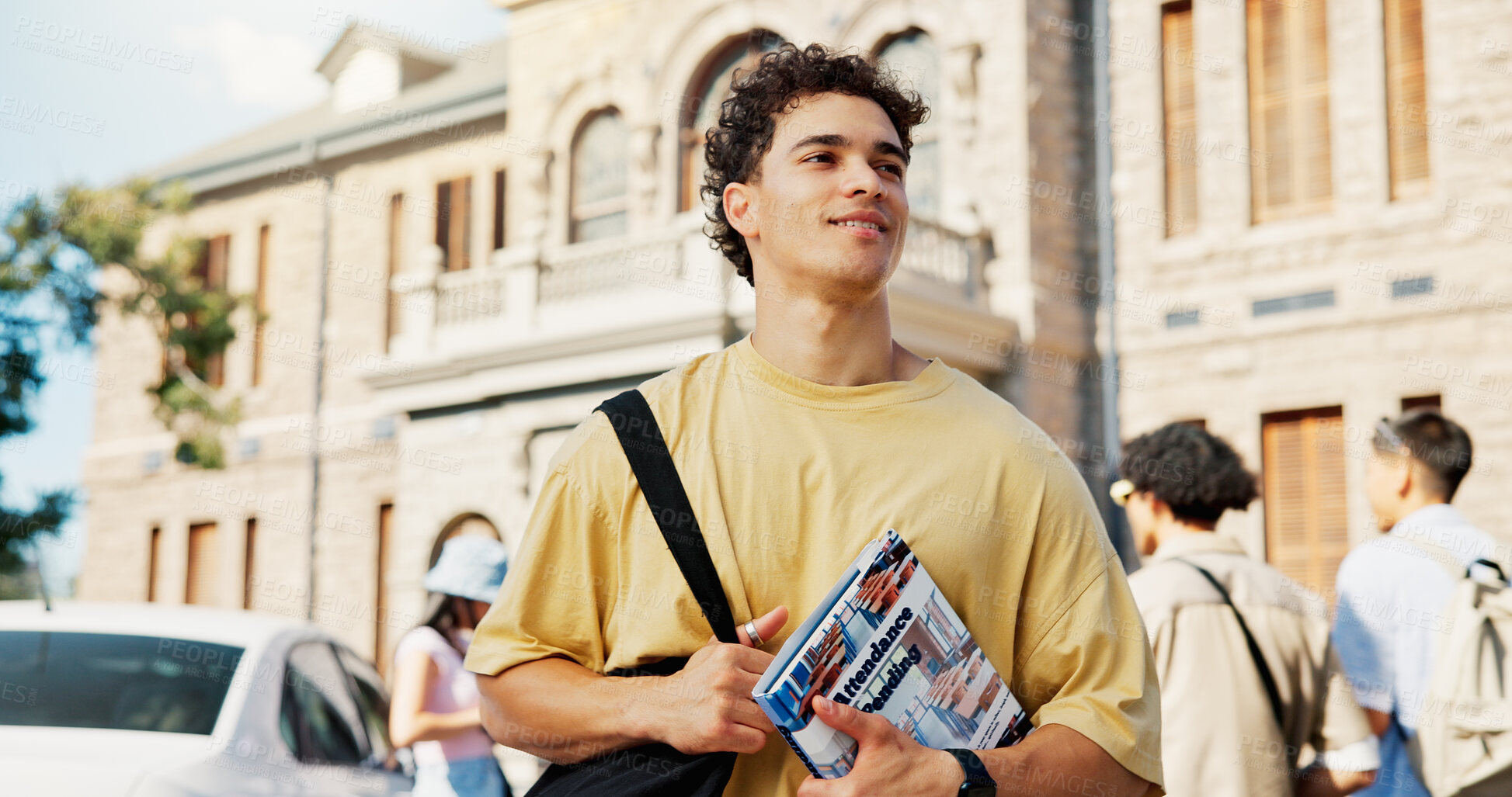 Buy stock photo Learning, opportunity and thinking with student outdoor on campus for college or university. Education, future and vision with happy man at school for development, inspiration or study ideas