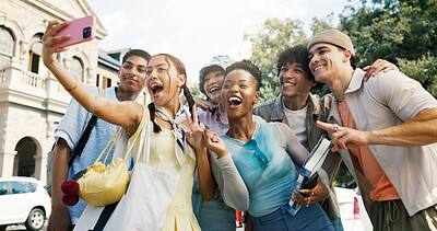 Buy stock photo Girl, selfie and college student with friends for smile at campus, education and memory on web. Group, excited and photography for profile picture, diversity or happy on social media at university