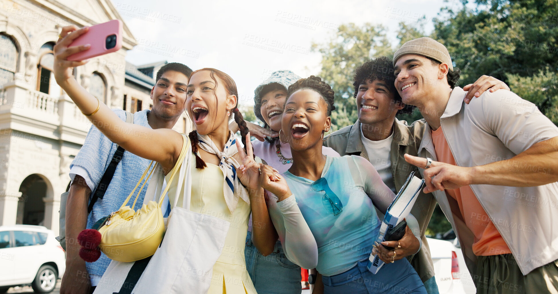 Buy stock photo Girl, selfie and college student with friends for smile at campus, education and memory on web. Group, excited and photography for profile picture, diversity or happy on social media at university