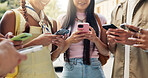 Friends, hands and phone in college with social media update, blog and scholar website for education. People, smile and scroll outdoor on university campus with tech, mobile app and email for course.