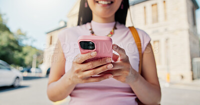 Buy stock photo Hands, learning and phone with student outdoor on campus for college or university. App, education and text message with woman learner at school for communication, development or study schedule