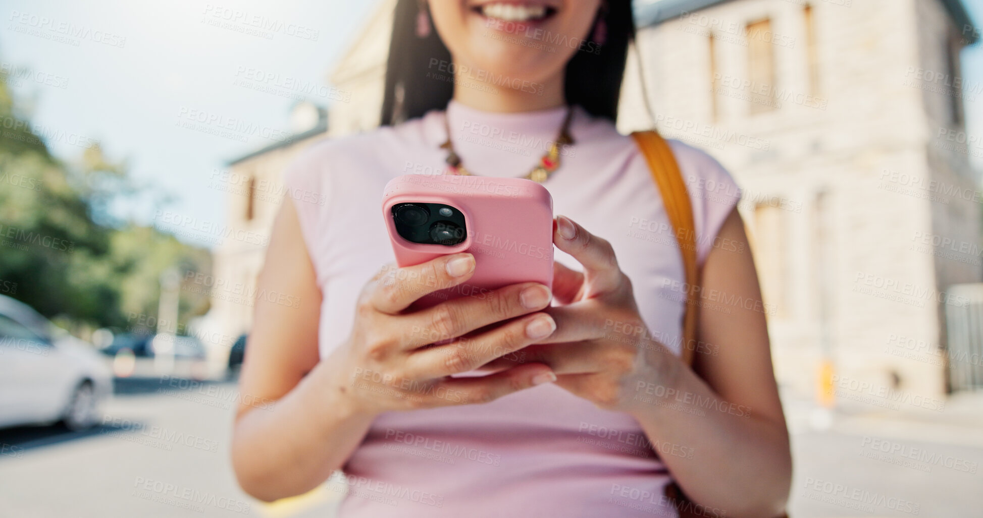 Buy stock photo Hands, learning and phone with student outdoor on campus for college or university. App, education and text message with woman learner at school for communication, development or study schedule