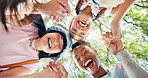 Women, portrait and holding hands with friends at park, bonding and laugh together for group reunion. Outdoor, low angle and people with smile for funny joke, friendship and humor in nature and break