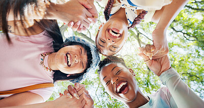 Buy stock photo Women, portrait and holding hands with friends at park, bonding and laugh together for group reunion. Outdoor, low angle and people with smile for funny joke, friendship and humor in nature and break