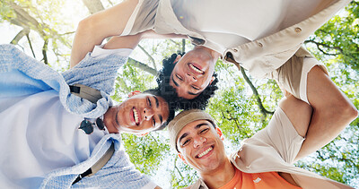 Buy stock photo Below, students and portrait in college with circle, synergy and bonding together for higher education. Happy, people and huddle outdoor at university with teamwork, solidarity and unity for support.