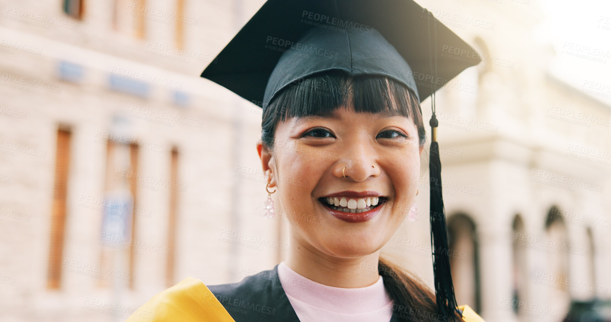 Buy stock photo Graduation, portrait and smile of student woman on campus for college or university success. Education, milestone and scholarship with happy Asian graduate outdoor for achievement or ceremony