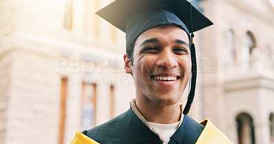 Buy stock photo Graduation, happy and portrait of student man on campus for college or university success. Milestone, scholarship and smile of graduate outdoor at school for achievement, ceremony or education
